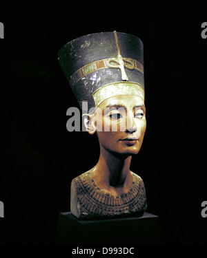 Bust of Nefertiti (c1370- c1330 BC) Great Royal Wife (chief consort) to the Egyptian Pharaoh Akhenaten. Nefertiti and her husband were known for a religious revolution. They started to worship one god only, Aten, the sun's disc. Stock Photo