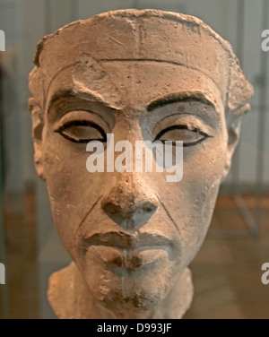 Bust of Nefertiti (c1370- c1330 BC) Great Royal Wife (chief consort) to the Egyptian Pharaoh Akhenaten. Nefertiti and her husband were known for a religious revolution. They started to worship one god only, Aten, the sun's disc. Stock Photo