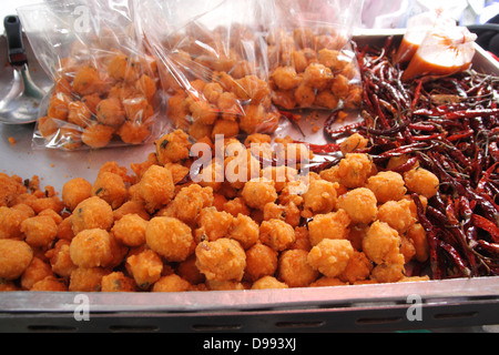 Thai - Muslim dessert , Bayia fried bean cake with dried red chilies Stock Photo