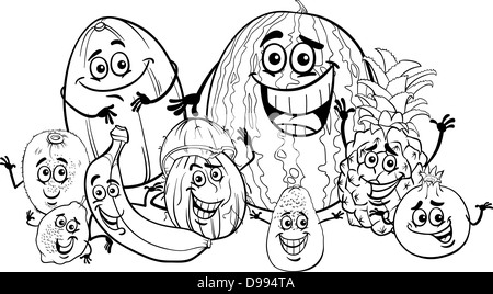 Black and White Cartoon Illustration of Funny Tropical Fruits Food Characters Group for Coloring Book for Children Stock Photo