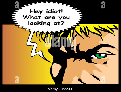 Bubble speech with text idiot written. Expression of defiance and anger. Comic style illustration of an angry man screaming. Stock Photo