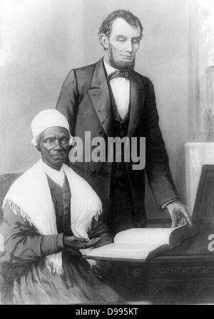 Sojourner Truth (c. 1797 – November 26, 1883) was the self-given name, from 1843, of Isabella Baumfree, an African-American abolitionist and women's rights activist. Pictured with President Abraham Lincoln in October 1864 Stock Photo