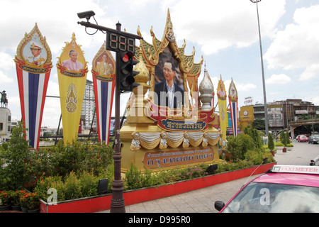 Thailand's king Bhumibol Adulyadej portrait decorated on street in Bangkok , Thailand Stock Photo