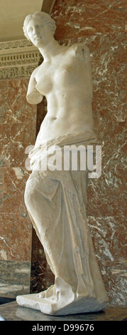 Venus de Milo, is an ancient Greek statue and one of the most famous works of ancient Greek sculpture. Created at some time between 130 and 100 BC,  believed to depict Aphrodite (Venus) the Greek goddess of love and beauty. marble sculpture, slightly larger than life size. Louvre Museum in Paris. Stock Photo