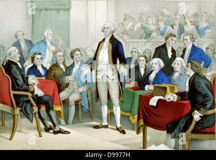 Washington, appointed Commander in Chief.  Currier & Ives print 1876. Print shows George Washington standing on a platform surrounded by members of the Continental Congress. In the background, women wave their handkerchiefs. lithograph, hand-collared. Stock Photo