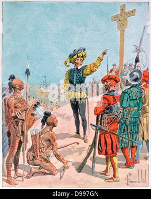 Jacques Cartier (1491-1557) French explorer on his first voyage making contact with St Lawrence Iroquoians on 24 July 1534, at Gaspe Bay, Canada, and planting a 10 metre cross claiming the territory in the name of France.  Colonialism