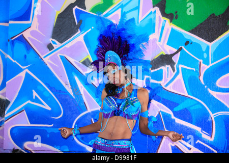 Colorful portrait of Carnaval participant, Mission District, San Francisco, California, USA Stock Photo