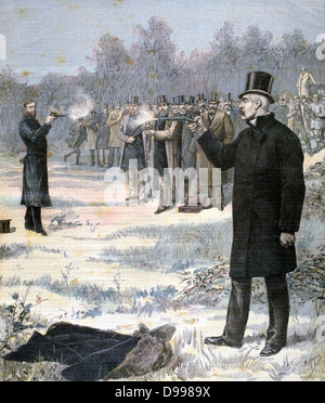 Duel between Georges Clemenceau (1841-1929) French Radical statesman, foreground, and Paul Deroulede (1846-1914) French Right-wing Nationalist politician. From 'Le Petit Journal', Paris', 7 January 1893. France, Honour, Pistol Stock Photo