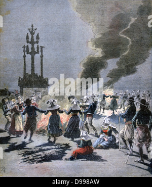 Feast of the Nativity of St John the Baptist, 24 June:   Bretons in traditional costume, dancing round ceremonial fires lit on St John's Eve.  From 'Le Petit Journal', Paris, 1 July 1893. France, Religion, Christian Stock Photo