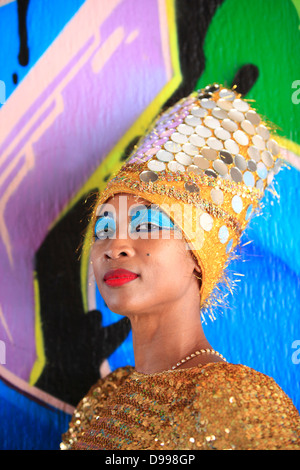 Colorful portrait of Carnaval participant, Mission District, San Francisco, California, USA Stock Photo