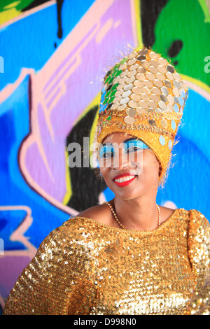 Colorful portrait of Carnaval participant, Mission District, San Francisco, California, USA Stock Photo