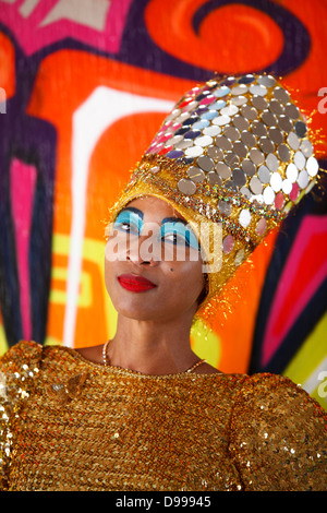 Colorful portrait of Carnaval participant, Mission District, San Francisco, California, USA Stock Photo