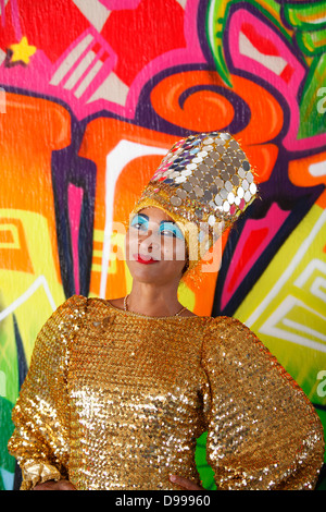 Colorful portrait of Carnaval participant, Mission District, San Francisco, California, USA Stock Photo