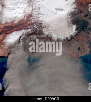 Images of Iceland's Eyjafyallajökull volcano on April 19, 2010. Figure 1 is a visible image and Figure 2 is infared. Satellite image. Stock Photo