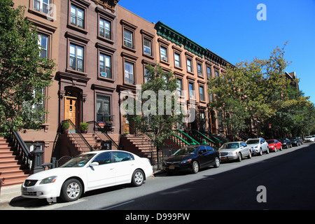 Street Scene, Brownstones, Harlem, Manhattan, New York City, USA Stock Photo