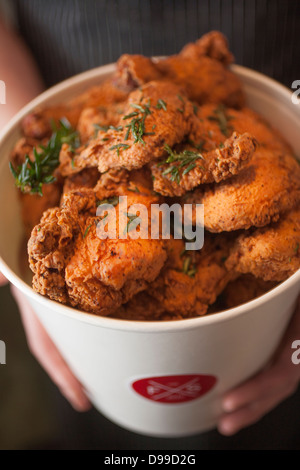 bucket of golden fried chicken