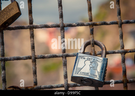 Close up of a love lock on Via Dell'Amore, Cinqueterre, Italy Stock Photo