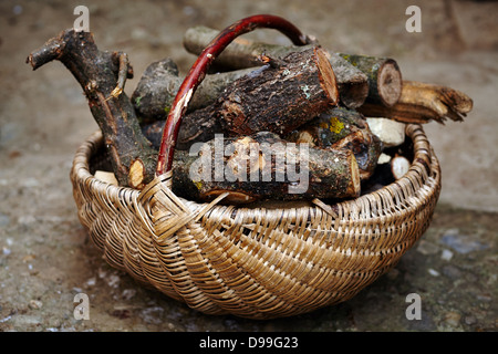 Vintage basket with firewood outdoor in the countryside Stock Photo