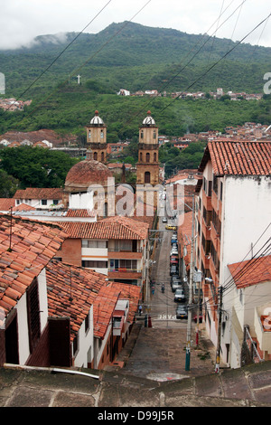 Catedral Santa Cruz  and green hills around San Gil, Colombia Stock Photo