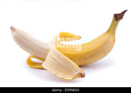 Half peeled banana on white background Stock Photo