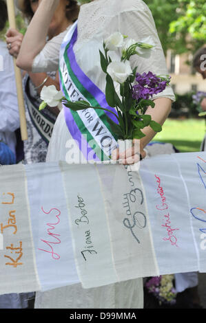 Russell Square, London, UK. 15th June 2013. Women dressed in Edwardian clothes take part in the Wilding Festival in Bloomsbury to celebrate the life of suffragette Emily Wilding Davison. Credit:  Matthew Chattle/Alamy Live News Stock Photo