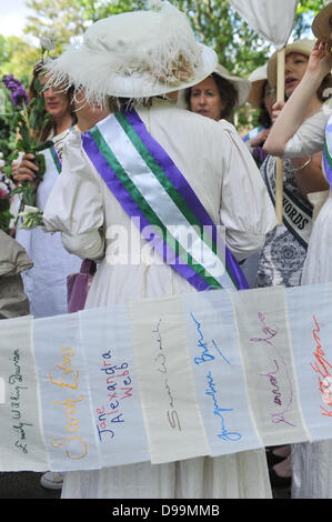 Russell Square, London, UK. 15th June 2013. Women dressed in Edwardian clothes take part in the Wilding Festival in Bloomsbury to celebrate the life of suffragette Emily Wilding Davison. Credit:  Matthew Chattle/Alamy Live News Stock Photo