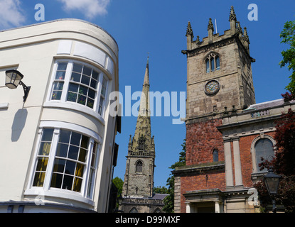 St Julians and St Alkmunds churches seen from High Street in Shrewsbury, Shropshire, England, UK Stock Photo