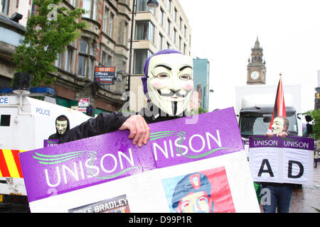 Belfast, Northern Ireland, UK. 15th June 2013. Anti-G8 protesters descend upon the city just two days before Barack Obama is due to arrive in Belfast and other World Leaders are due to arrive in Northern Ireland for the 39th G8 Summit in County Fermanagh  - Unison Members take part in the protest Credit:  Kevin Scott/Alamy Live News Stock Photo