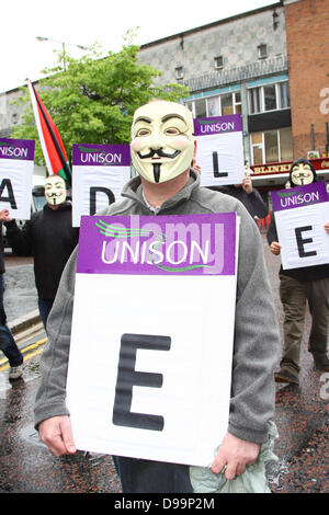 Belfast, Northern Ireland, UK. 15th June 2013. Anti-G8 protesters descend upon the city just two days before Barack Obama is due to arrive in Belfast and other World Leaders are due to arrive in Northern Ireland for the 39th G8 Summit in County Fermanagh  - Unison Members join the protests Credit:  Kevin Scott/Alamy Live News Stock Photo