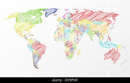 Color drawing political world map on a notepad sheet. Vector illustration. Stock Photo