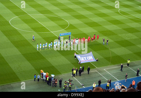 Manchester City and West Brom players shaking hands before a Premier League  football match at the Etihad Stadium
