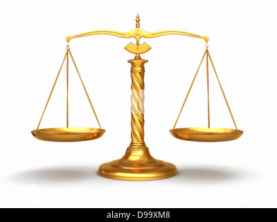 Justice concept. Gold scales on white isolated background. 3d Stock Photo