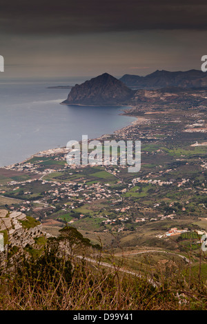 View towards Monte Cofano from Erice in the province of Trapani, Sicily. Stock Photo