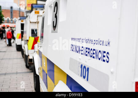 Belfast, Northern Ireland, 15th june 2013.  An armoured landrover, with the website for West Yorkshire Police on the side, is deployed on the streets of Belfast, in advance of the G8 summit in Fermanagh on Monday 17th and Tuesday 18th June. Credit:  Stephen Barnes/Alamy Live News Stock Photo