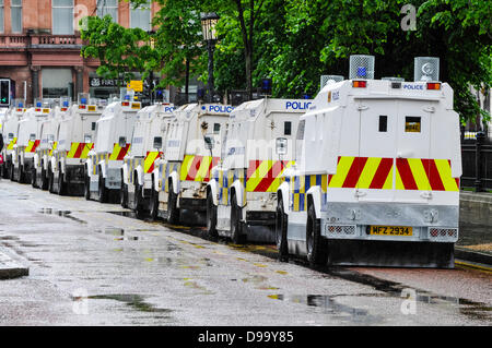 Belfast, Northern Ireland, 15th june 2013.  A row of armoured Landrovers line the street beside Belfast City Hall, in advance of the G8 summit in Fermanagh on Monday 17th and Tuesday 18th June. Credit:  Stephen Barnes/Alamy Live News Stock Photo