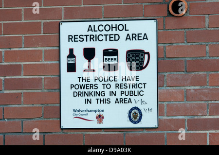 Alcohol Restricted Area sign in city centre, Wolverhampton, UK Stock Photo
