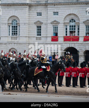 London, UK. 15th June, 2013. Trooping the Colour. The Blues and Royals part of the household Cavalry go past The Queen at Horse Guards  Parade. Credit:  Prixpics/Alamy Live News Stock Photo