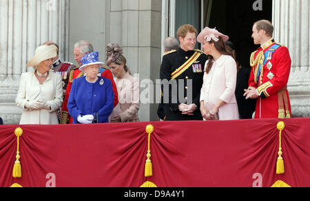 Trooping the Colour. London, UK. 15th June, 2013. Her Majesty The Queen looks sad without her husband Prince Philip The Duke of Edinburgh as she lines up along with other family members Camilla Duchess of Cornwall, Prince Charles, HM The Queen Elizabeth II, Princess Princess Royal, Kate, The Duchess of Cambridge, Prince William, Duke of Cambridge and Prince Harry, at the Trooping of the Colour 2013, on The Mall, on the balcony of Buckingham Palace. Pic: Paul Marriott Photography/Alamy Live News Stock Photo