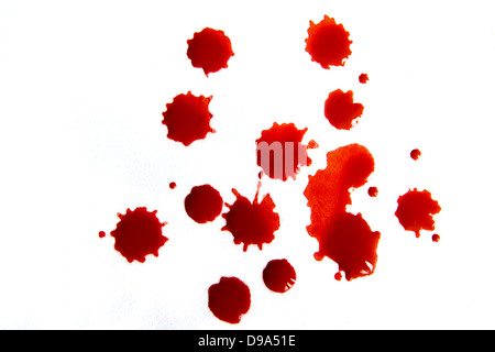 Blood droplets (stains, splatter) isolated on white background close up Stock Photo
