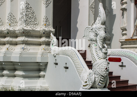 Thai Art, Naka Fusion Elephant statue on staircase in Wat Sri Don Moon , Chiangmai Thailand Stock Photo