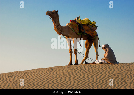 Cameleer waits for tourists at the Sam Sand Dune in Jaisalmer, India. Stock Photo