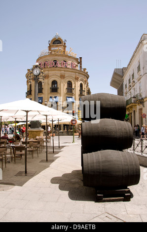 Munumental building, La Ina, with Tio Pepe barrels in front in Jerez de la frontera, Andalusia, Spain. Stock Photo