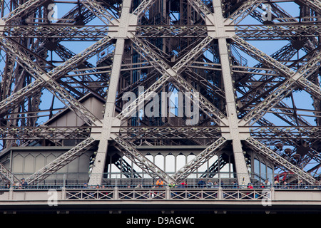 Tourists looking out from first level platform of Eiffel Tower beneath complex lattice ironwork Stock Photo