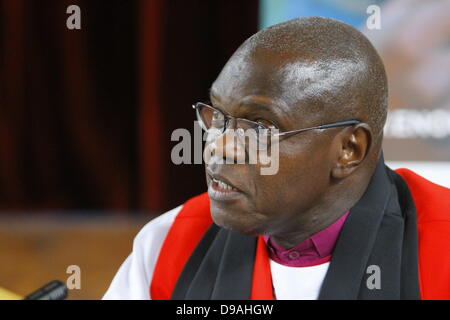 Enniskillen, United Kingdom. 16th June 2013. The Most Reverend John Sentamu, the Archbishop of York, talks at the press conference after the service. The Most Reverend John Sentamu, the Church of England Archbishop of York led a church service for the 'Enough food for everyone if' campaign in the Cathedral of Enniskillen. John Sentamu called in his sermon for action against government corruption and poverty. Credit:  Michael Debets/Alamy Live News Stock Photo