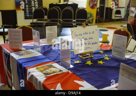 Enniskillen, United Kingdom. 16th June 2013. Enniskillen, United Kingdom. 16th June 2013. A table is provided, where people can pray for the world leader who come to the G8 summit in Northern Ireland.The Methodist Church in Enniskillen is holding a 96 hours prayer marathon during the G8 summit. They have set up different stations, where people are informed about poverty and human rights issues and can pray for them as well as for the G8 leaders. Credit:  Michael Debets/Alamy Live News Stock Photo