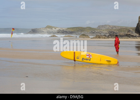 Fistral beach, Newquay, Cornwall, England  lifeguarded area British surfing scene Lifeguard and Surfboard rescue Stock Photo
