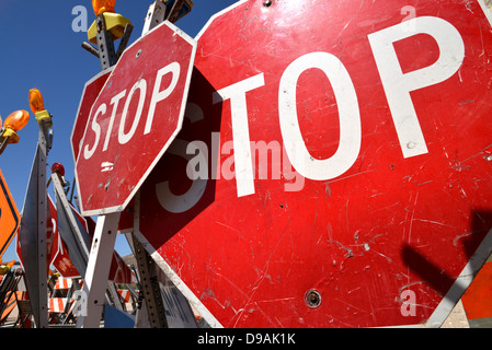 Traffic control signs await placement at a road construction site, Tucson, Arizona, USA. Stock Photo