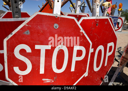 Traffic control signs await placement at a road construction site, Tucson, Arizona, USA. Stock Photo