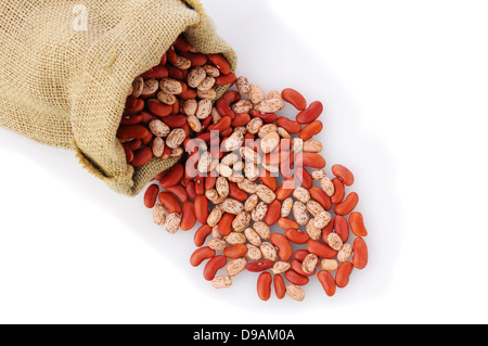 Pinto and Red Kidney Beans spilling from a burlap bag onto a white surface with shadow. Horizontal format from a high angle. Stock Photo