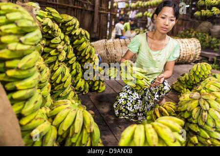 June 14, 2013 - Pathein, Ayeyarwady, Union of Myanmar - A banana vendor in the market in Pathein. Pathein is a center of the Burmese umbrella and parasol industry. Most are actually parasols made in the traditional Burmese way using treated paper which is not water proof. Shwe Sar's umbrella's are made with treated cloth and are waterproof. Since US and European sanctions have been lifted businesses in Myanmar have seen an explosion in exports. Shwe Sar exports most of their umbrellas to Europe. Pathein, sometimes also called Bassein, is a port city and the capital of the Ayeyarwady Region, Bu Stock Photo